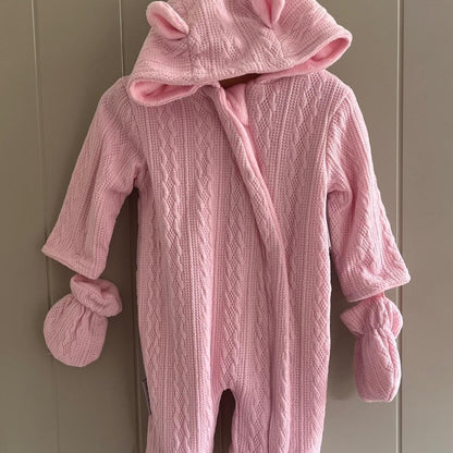 Baby Girls Pramsuit Pink Hooded Bear Ears Winter Snowsuit Knit