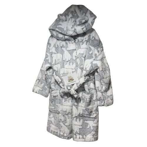 Polar Bear Robe Dressing Gown Childrens Hooded Fleece Grey Nightwear