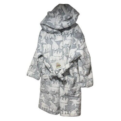 Polar Bear Robe Dressing Gown Childrens Hooded Fleece Grey Nightwear