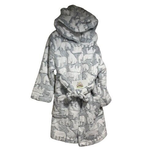 Polar Bear Robe Dressing Gown Childrens Hooded Fleece Grey Nightwear