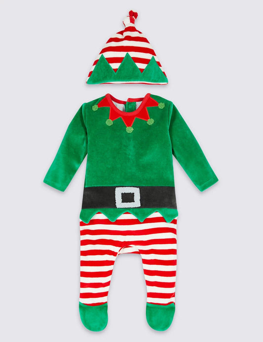 Baby Elf Outfit Sleepsuit Hat Christmas Babygrow Xmas Eve Velour Boys Girls