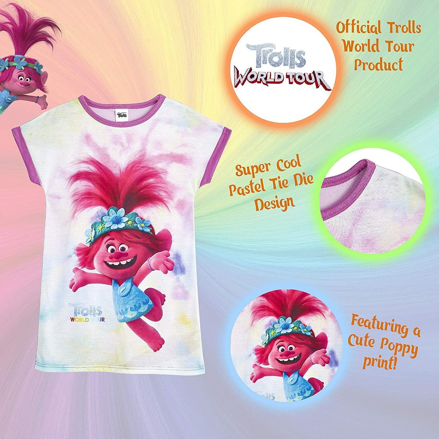 Trolls Nighty Nightdress Poppy Nightwear Pyjamas Pjs Nightie Girls World Tour