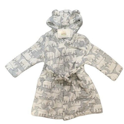 Polar Bear Robe Dressing Gown Childrens Hooded Fleece Grey Nightwear