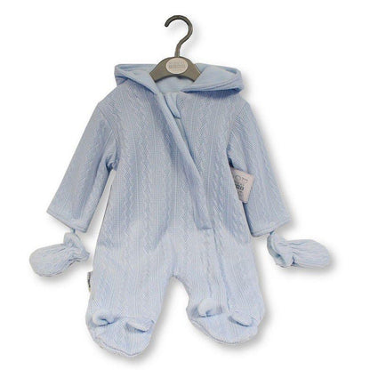 Baby Boys Pramsuit Boys Blue Winter Outfit Snowsuit Hooded Bear Ears Knit