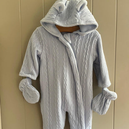 Baby Boys Pramsuit Boys Blue Winter Outfit Snowsuit Hooded Bear Ears Knit