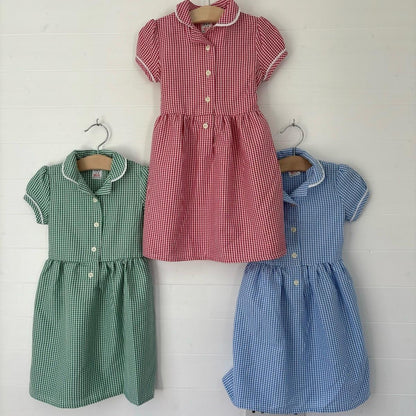 Girls Gingham Summer Dress School Uniform Kids Childrens Short Sleeve Spring Check Red Green Blue Outfit Collared Smart Button Up Traditional Primary