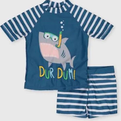 Boys Swim Set Shark Toddler Swimming Blue Stripe Rash Top Shorts 2 Piece