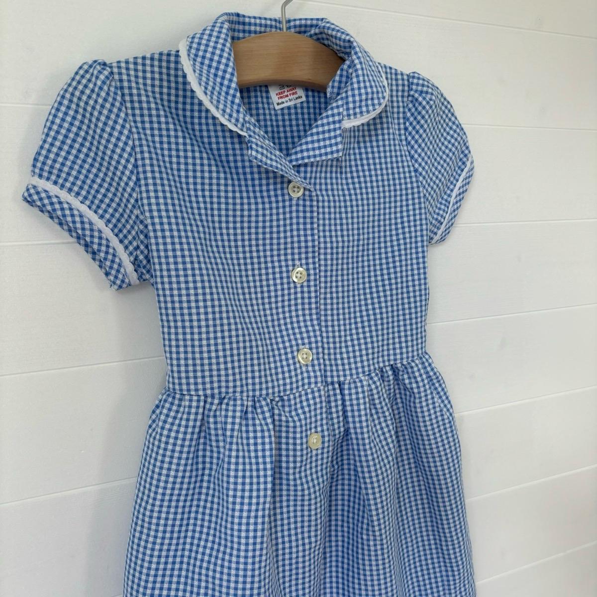 Girls Gingham Summer Dress School Uniform Kids Childrens Short Sleeve Spring Check Red Green Blue Outfit Collared Smart Button Up Traditional Primary