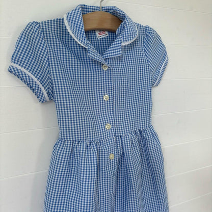 Girls Gingham Summer Dress School Uniform Kids Childrens Short Sleeve Spring Check Red Green Blue Outfit Collared Smart Button Up Traditional Primary