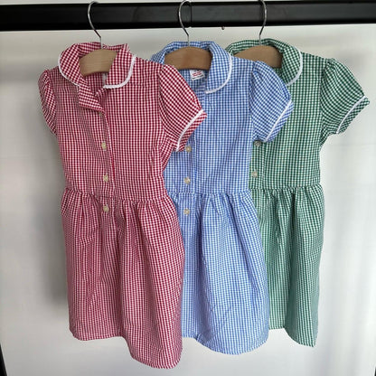 Girls Gingham Summer Dress School Uniform Kids Childrens Short Sleeve Spring Check Red Green Blue Outfit Collared Smart Button Up Traditional Primary