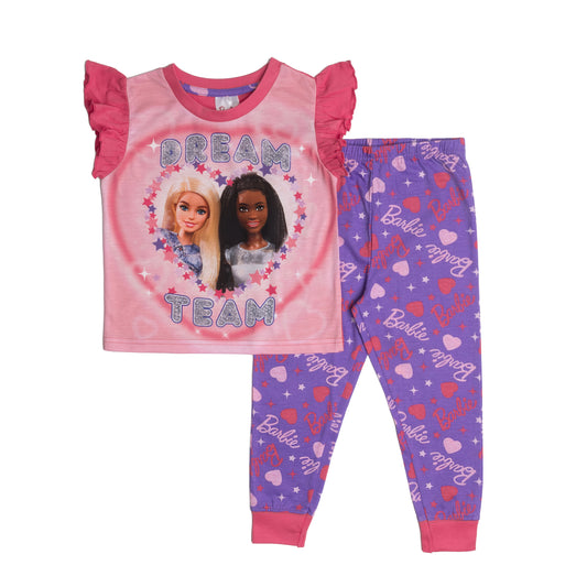 Girls Barbie Pyjamas Frilly Top and Long Trousers Kids Pjs Nightwear