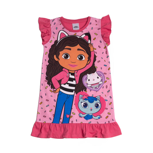 Girls Gabby’s Dollhouse Nightdress Frilly Pink Nightie Pyjamas PJs Nightwear