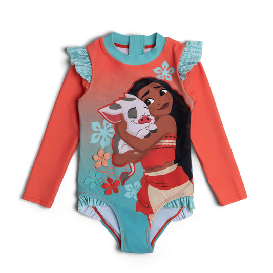 Disney Moana Girls Kids Swimsuit Swimming Costume Swimwear Long Sleeve Floral Frilly One Piece