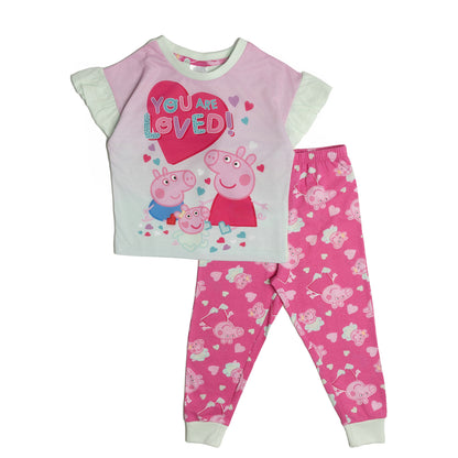 Peppa Pig and baby Evie Girls Pyjamas Pjs Nightwear Short Sleeve Frilly Top Trousers Kids