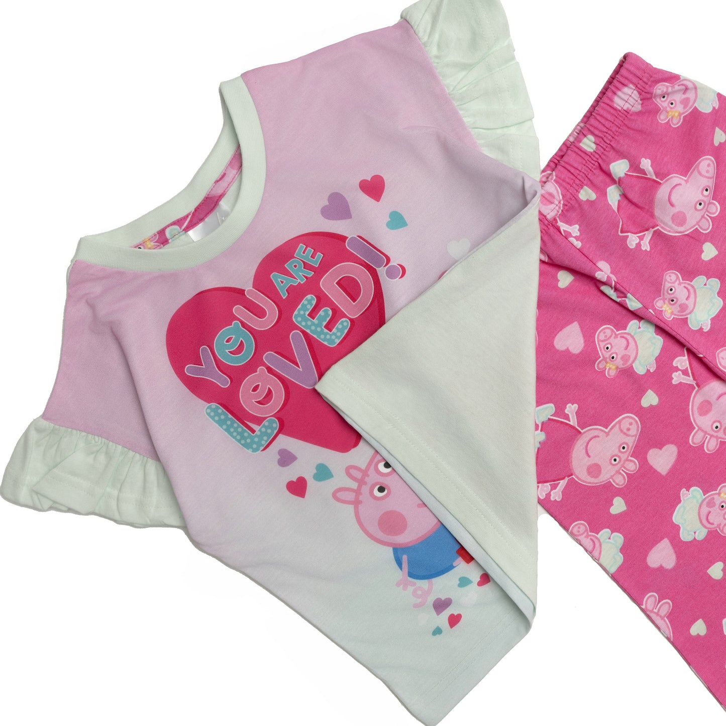 Peppa Pig and baby Evie Girls Pyjamas Pjs Nightwear Short Sleeve Frilly Top Trousers Kids