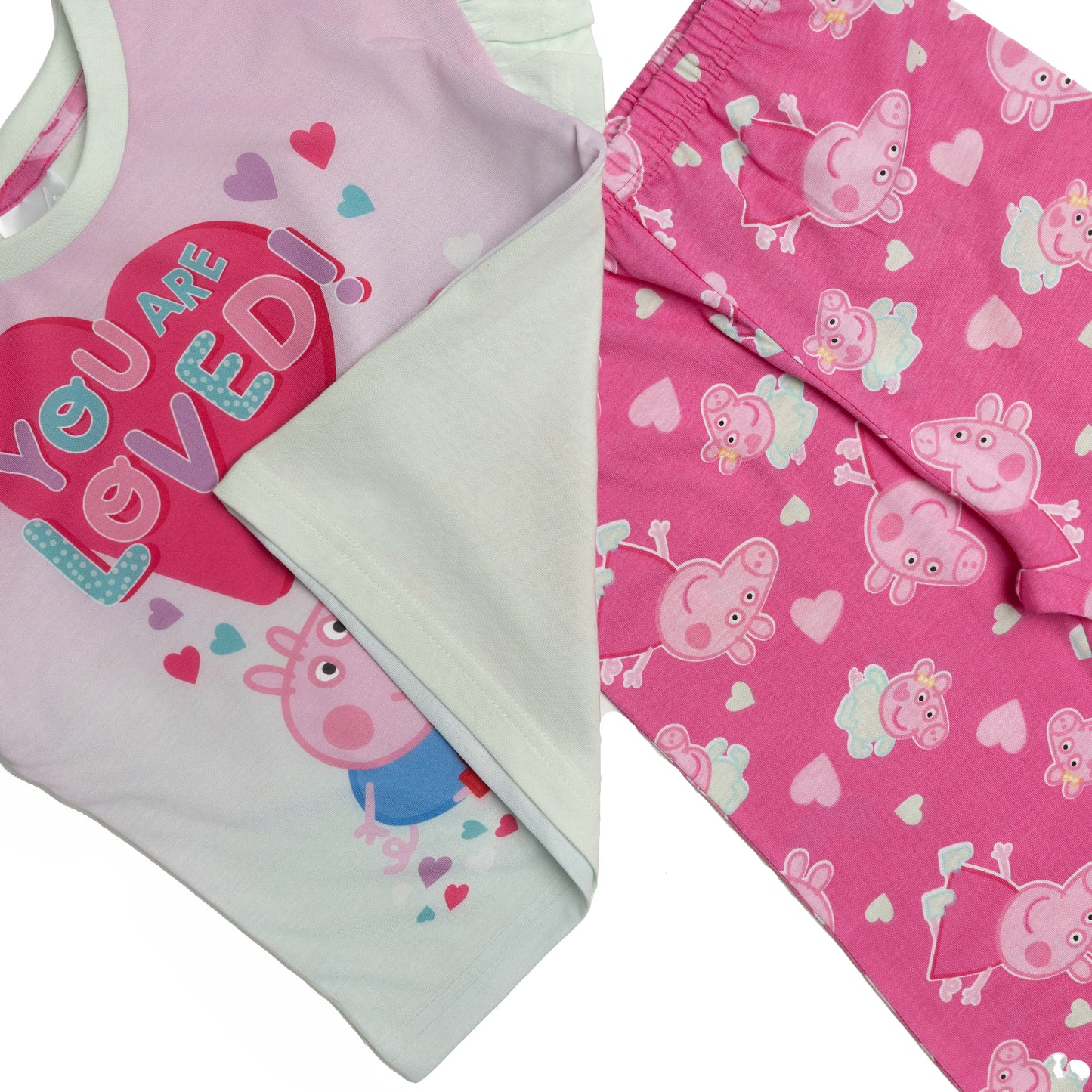 Peppa Pig and baby Evie Girls Pyjamas Pjs Nightwear Short Sleeve Frilly Top Trousers Kids