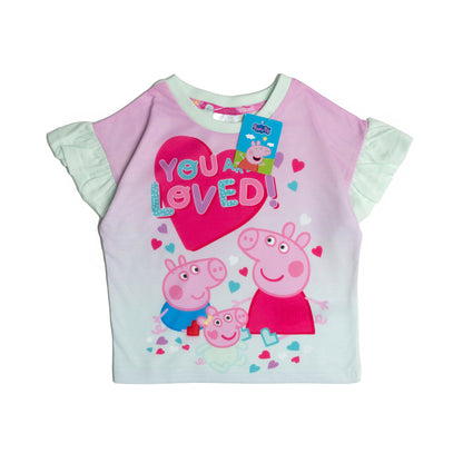 Peppa Pig and baby Evie Girls Pyjamas Pjs Nightwear Short Sleeve Frilly Top Trousers Kids