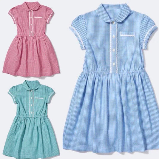 Girls School Dress Uniform Gingham Traditional Kids Childrens Primary Summer Spring Short Sleeve