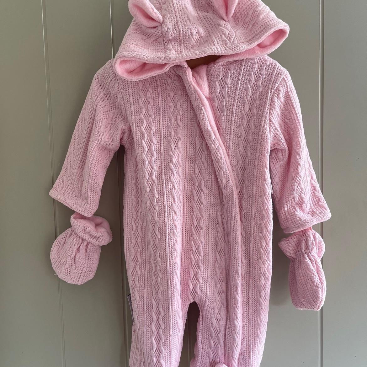 Baby Girls Pramsuit Pink Hooded Bear Ears Winter Snowsuit Knit