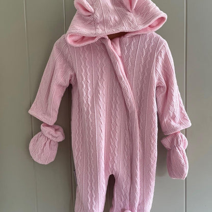 Baby Girls Pramsuit Pink Hooded Bear Ears Winter Snowsuit Knit