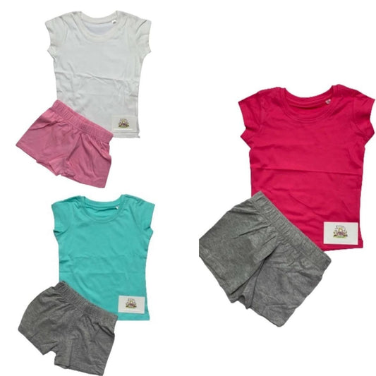 Girls Pyjama Pjs Set Plain Shorts Top T-Shirt Nightwear